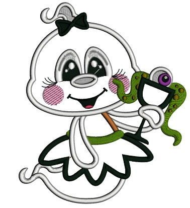 Girl Ghost Holding a Drink Halloween Applique Machine Embroidery Design Digitized Pattern