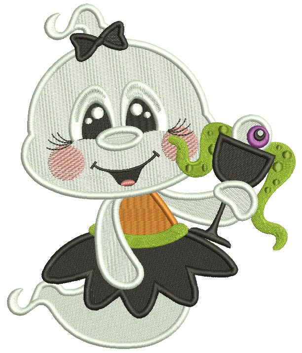 Girl Ghost Holding a Drink Halloween Filled Machine Embroidery Design Digitized Pattern