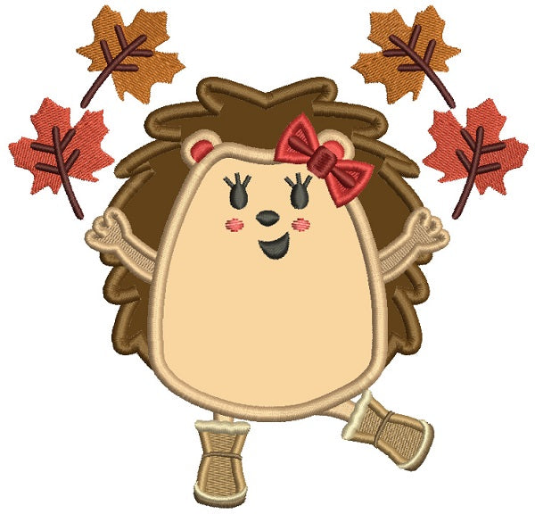 Girl Hedgehog With Leaves Fall Applique Machine Embroidery Design Digitized Pattern
