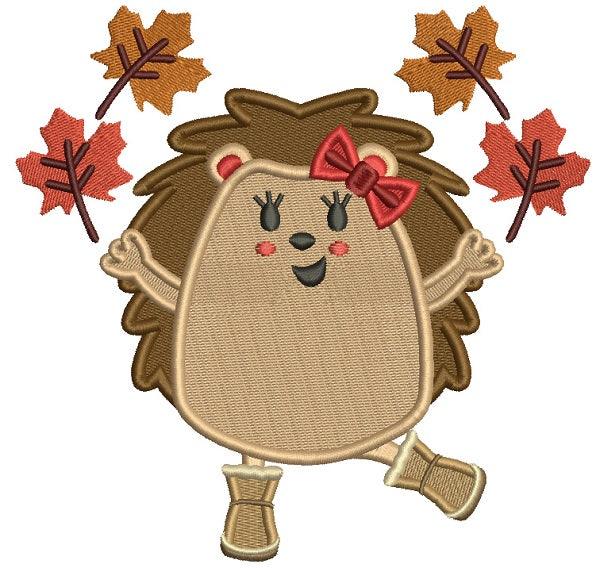Girl Hedgehog With Leaves Fall Filled Machine Embroidery Design Digitized Pattern