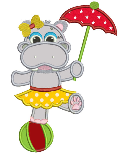 Girl Hippo on a ball with an Umbrella Applique Machine Embroidery Digitized Design Pattern
