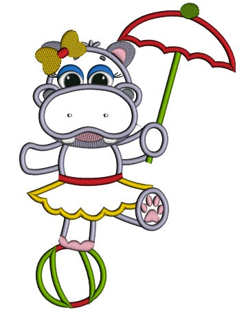 Girl Hippo on a ball with an Umbrella Applique Machine Embroidery Digitized Design Pattern
