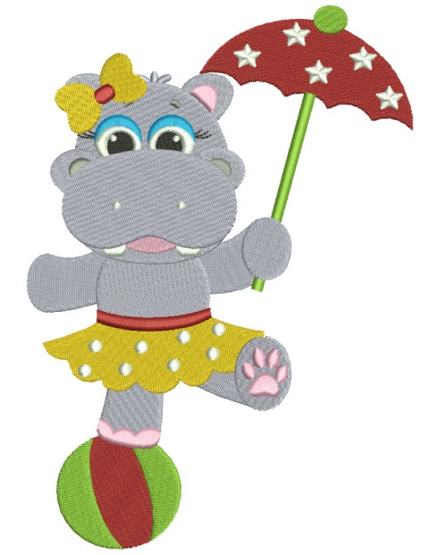Girl Hippo on a ball with an Umbrella Filled Machine Embroidery Digitized Design Pattern