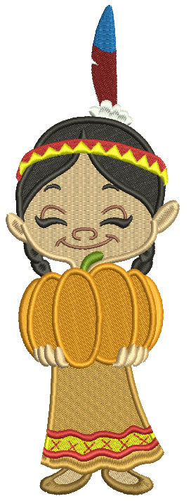 Girl Indian Holding Pumpkin Thanksgiving Filled Machine Embroidery Design Digitized Pattern