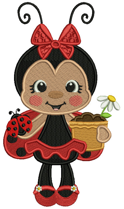 Girl Ladybug Holding Flower Pot Filled Machine Embroidery Design Digitized Pattern
