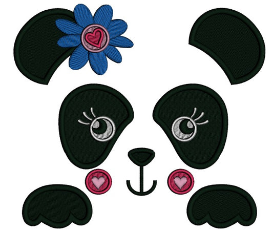 Girl Panda Bear Outline With Flower and a Heart Filled Machine Embroidery Digitized Design Pattern