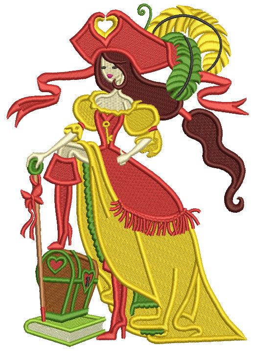 Girl Pirate With Her Boot On a Treasure Chest Filled Machine Embroidery Design Digitized Pattern