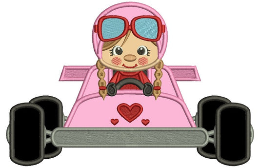 Girl Race Car Driver With Heart Applique Machine Embroidery Design Digitized Pattern