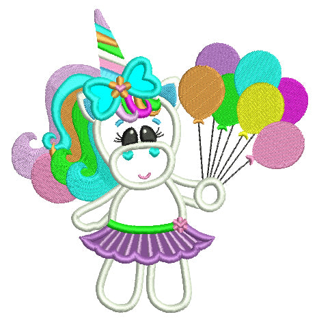 Girl Rainbow Unicorn with balloons Applique Machine Embroidery Digitized Design Pattern