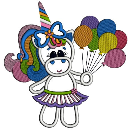 Girl Rainbow Unicorn with balloons Applique Machine Embroidery Digitized Design Pattern