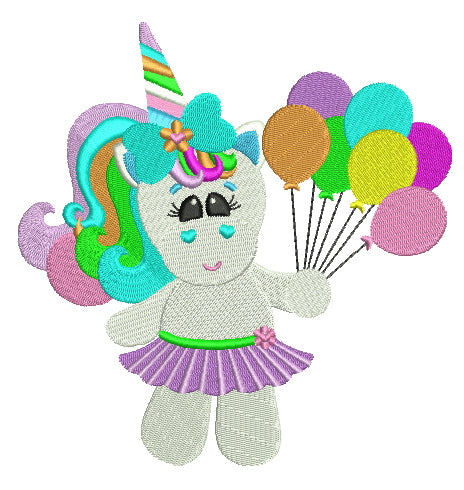Girl Rainbow Unicorn with balloons Filled Machine Embroidery Digitized Design Pattern