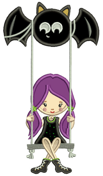 Girl Sitting On A Swing Hanging From a Bat Halloween Applique Machine Embroidery Design Digitized Pattern