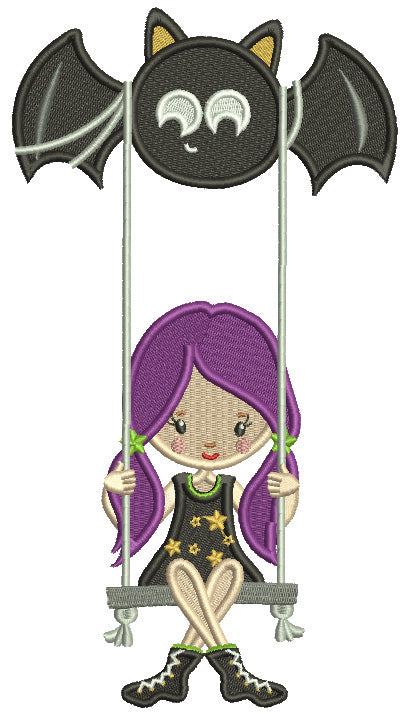 Girl Sitting On A Swing Hanging From a Bat Halloween Filled Machine Embroidery Design Digitized Pattern