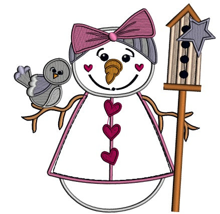 Girl Snowman Holding a Bird Christmas Applique Machine Embroidery Design Digitized Pattern