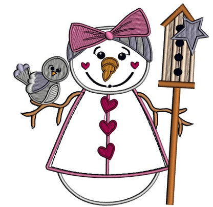 Girl Snowman Holding a Bird Christmas Applique Machine Embroidery Design Digitized Pattern