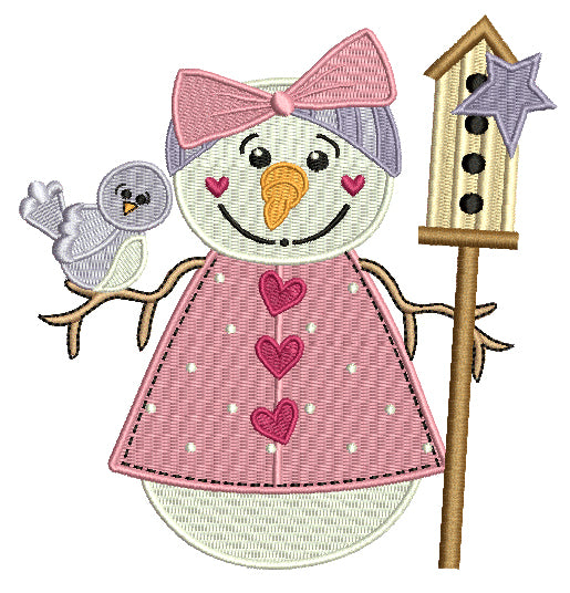 Girl Snowman Holding a Bird Christmas Filled Machine Embroidery Design Digitized Pattern