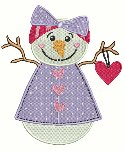 Girl Snowman Holding a Heart Filled Machine Embroidery Design Digitized Pattern