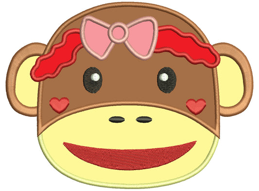 Girl Sock Monkey Head With Bow Applique Machine Embroidery Digitized Design Pattern