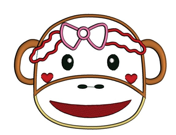 Girl Sock Monkey Head With Bow Applique Machine Embroidery Digitized Design Pattern