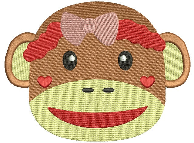 Girl Sock Monkey Head With Bow Filled Machine Embroidery Digitized Design Pattern