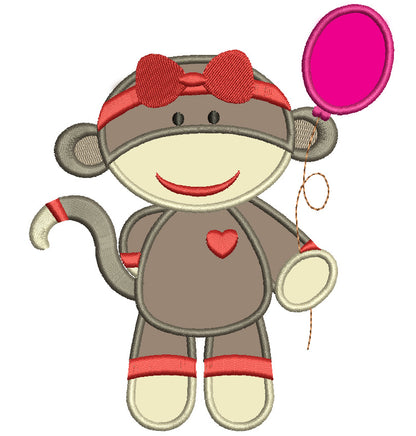 Girl Sock Monkey With Baloon Applique Machine Embroidery Digitized Design Pattern