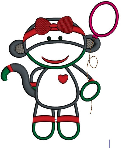 Girl Sock Monkey With Baloon Applique Machine Embroidery Digitized Design Pattern