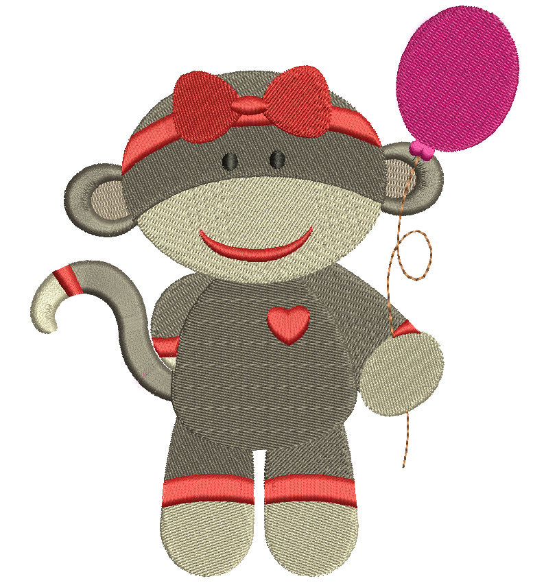 Girl Sock Monkey With Baloon Filled Machine Embroidery Digitized Design Pattern
