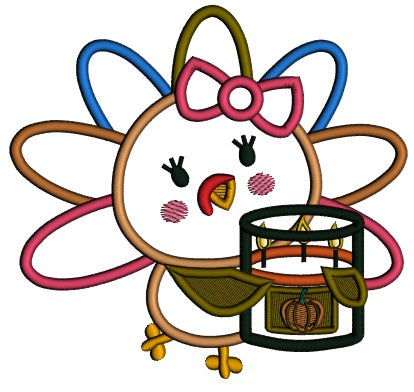 Girl Turkey Holding Pumpkin Pie With Candles Thanksgiving Applique Machine Embroidery Design Digitized Pattern