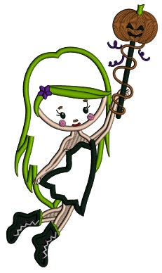 Girl WIzard WIth Pumpkin Wand Halloween Applique Machine Embroidery Design Digitized Pattern