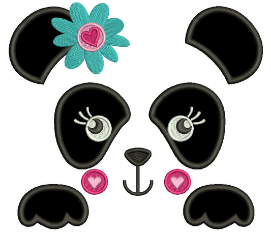 Girl Panda Bear Outline With Flower and a Heart Applique Machine Embroidery Digitized Design Pattern