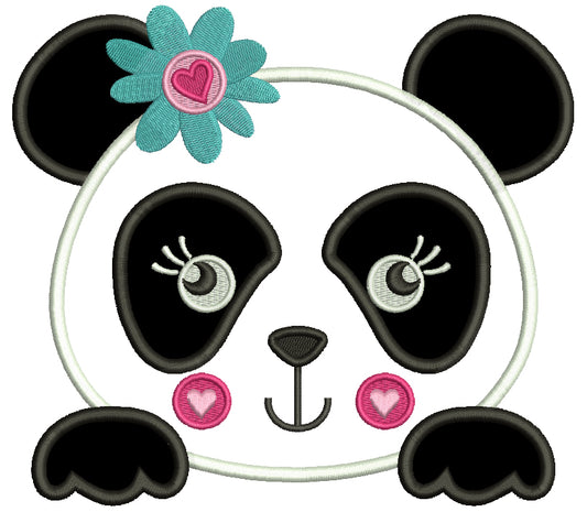 Girl Panda Bear With Flower and a Heart Applique Machine Embroidery Digitized Design Pattern