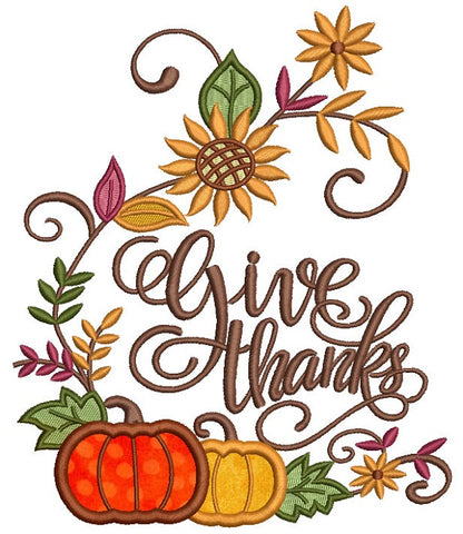 Give Thanks Pumpkin Script Letters Thanksgiving Applique Machine Embroidery Design Digitized Pattern