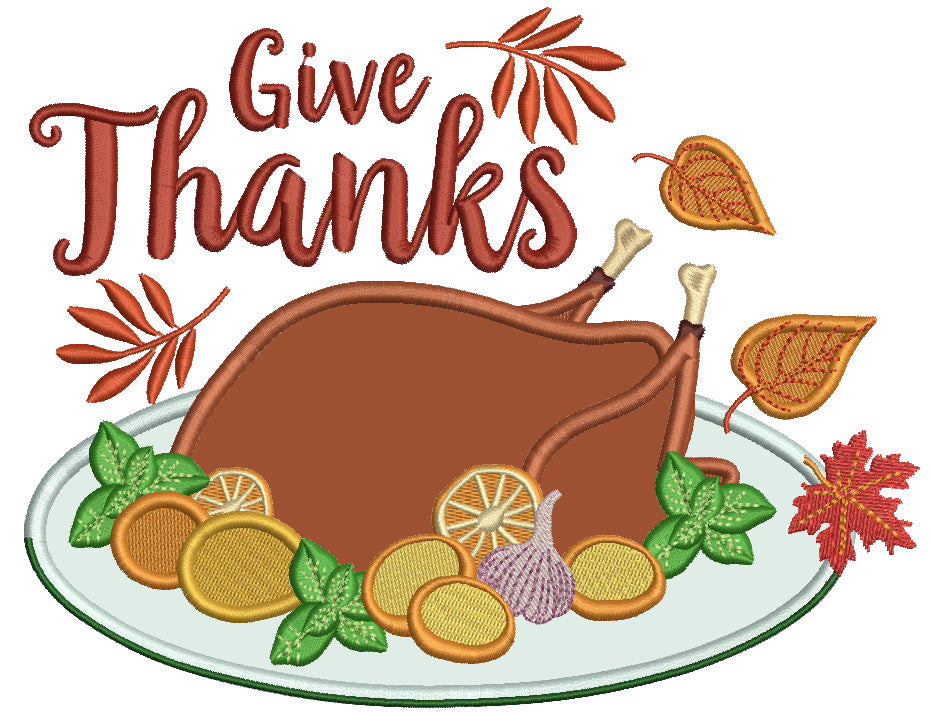 Give Thanks Turkey Fruits And Leaves Applique Machine Embroidery Design Digitized Pattern