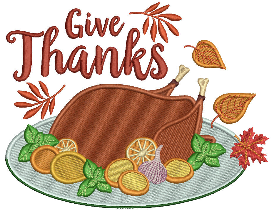Give Thanks Turkey Fruits And Leaves Filled Machine Embroidery Design Digitized Pattern