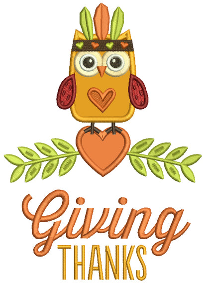 Giving Thanks Cute Owl With Indian Feathers Thanksgiving Applique Machine Embroidery Design Digitized Pattern