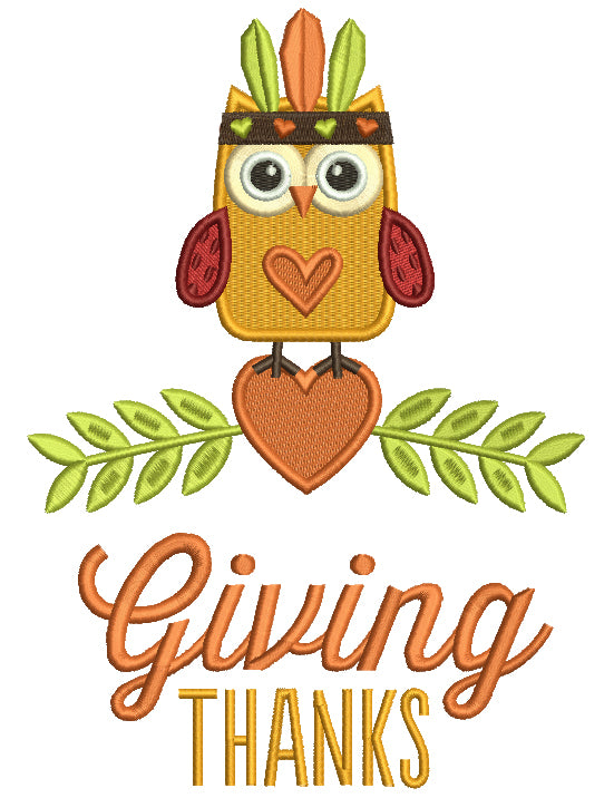 Giving Thanks Cute Owl With Indian Feathers Thanksgiving Filled Machine Embroidery Design Digitized Pattern