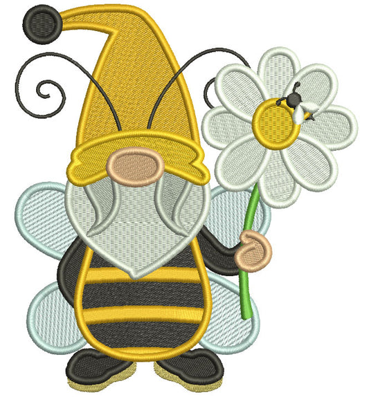 Gnome Bee Holding a Flower Filled Machine Embroidery Design Digitized Pattern