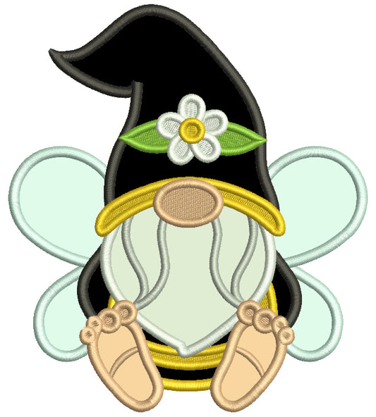 Gnome Bee Wearing Big Hat With a Daisy Applique Machine Embroidery Design Digitized Pattern
