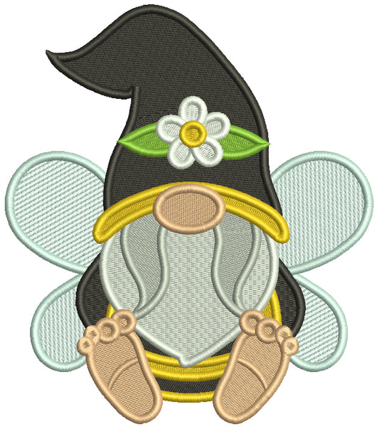 Gnome Bee Wearing Big Hat With a Daisy Filled Machine Embroidery Design Digitized Pattern
