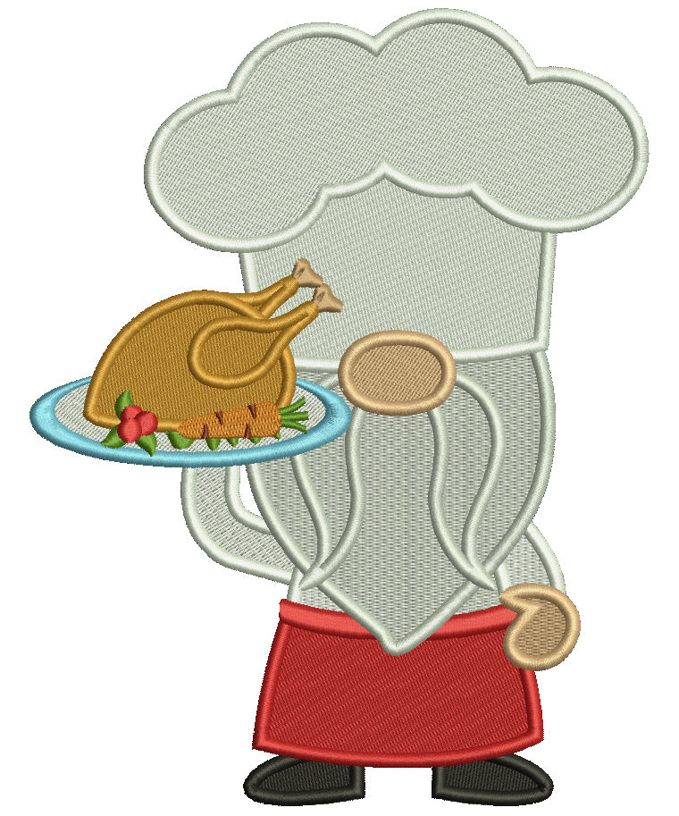 Gnome Cook With Chicken On The Plate Filled Machine Embroidery Design Digitized Pattern