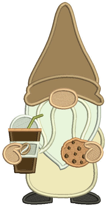 Gnome Drinking Coffee And Eating Cookies Applique Machine Embroidery Design Digitized Pattern