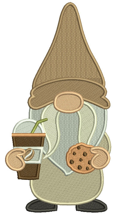 Gnome Drinking Coffee And Eating Cookies Filled Machine Embroidery Design Digitized Pattern