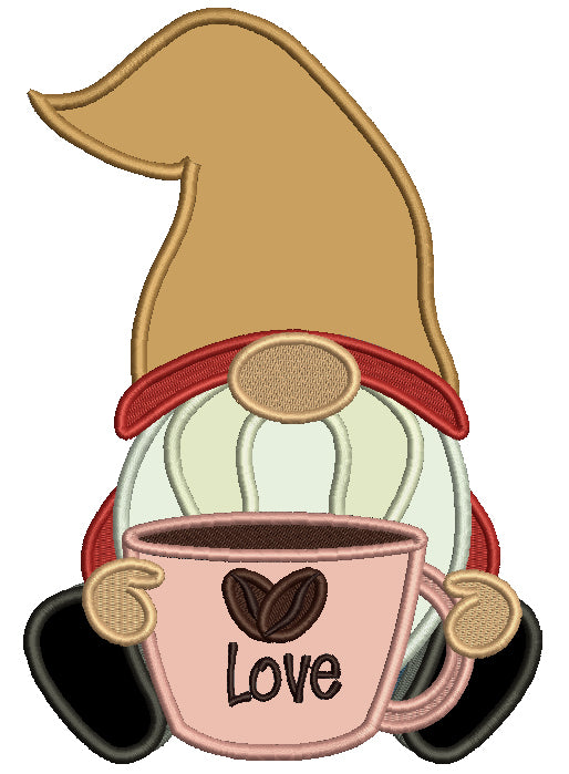 Gnome Drinking Cup Of Cofee Applique Machine Embroidery Design Digitized Pattern