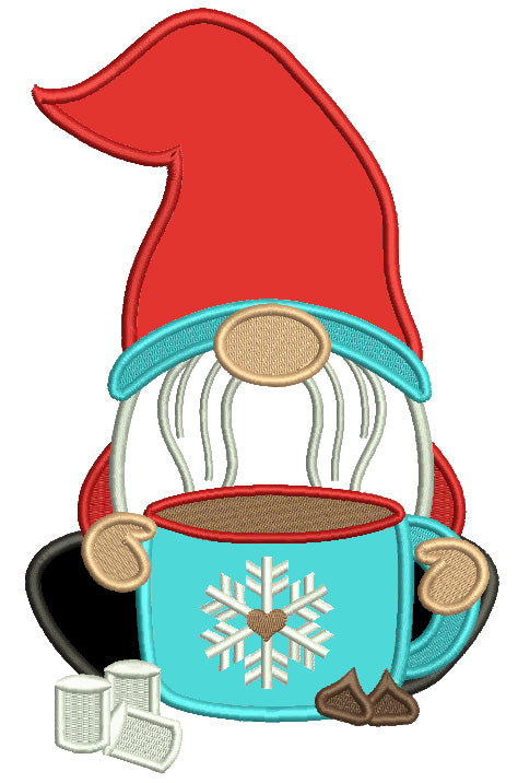 Gnome Drinking Hot Cocoa With Marshmallows Christmas Applique Machine Embroidery Design Digitized Pattern
