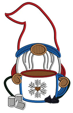Gnome Drinking Hot Cocoa With Marshmallows Christmas Applique Machine Embroidery Design Digitized Pattern