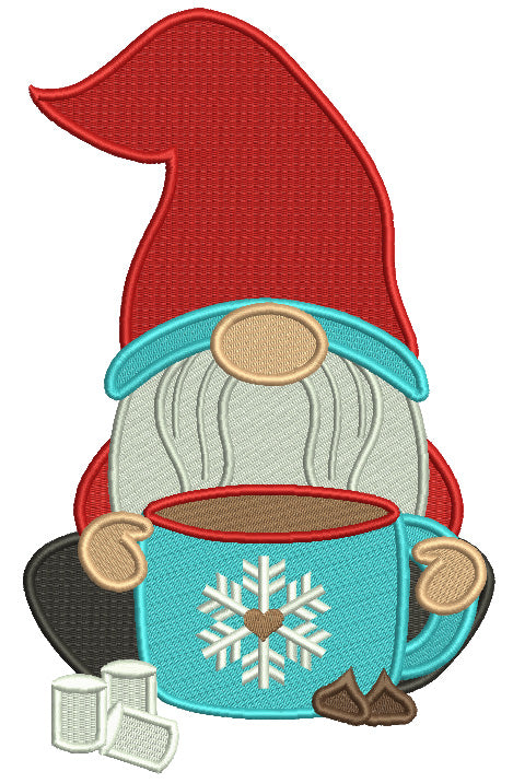 Gnome Drinking Hot Cocoa With Marshmallows Christmas Filled Machine Embroidery Design Digitized Pattern
