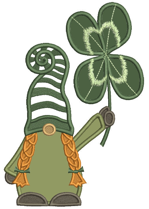 Gnome Girl Holding Giant Shamrock St.Patrick's Day Applique Machine Embroidery Design Digitized Pattern