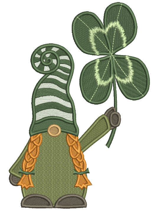 Gnome Girl Holding Giant Shamrock St.Patrick's Day Filled Machine Embroidery Design Digitized Pattern