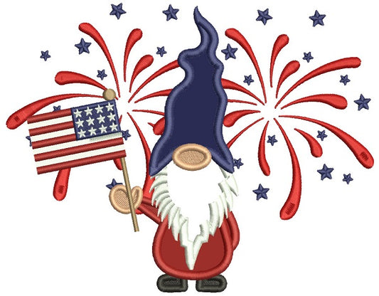 Gnome Holding American Flag Patriotic Applique Machine Embroidery Design Digitized Pattern
