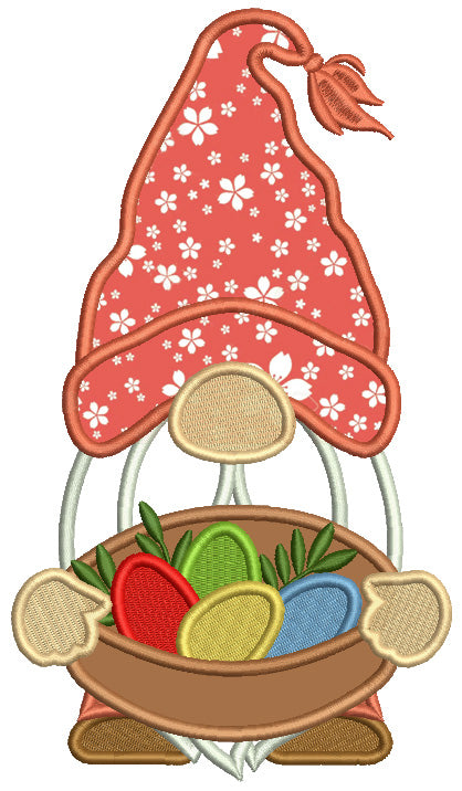 Gnome Holding Basket With Easter Eggs Applique Machine Embroidery Design Digitized Pattern